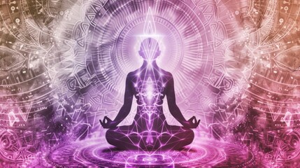 Person sitting in lotus position against purple background
