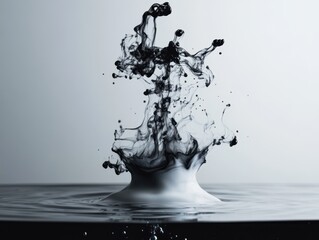 Abstract Black Ink Droplet Splashing into White Liquid on Minimalist Background