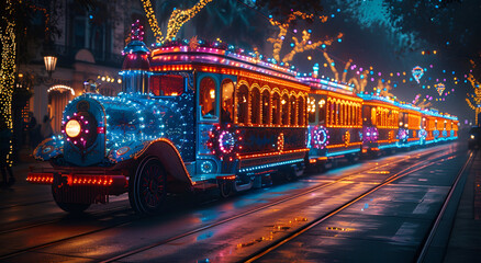 Obraz premium Cheerful Holiday Train Decked in Colorful Christmas Lights