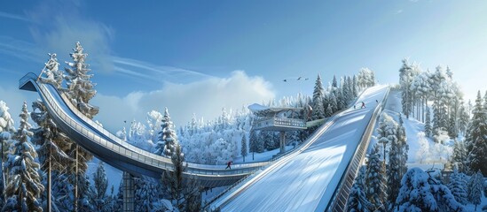 Ski Jumping Ramp with Snow-Covered Trees in the Background