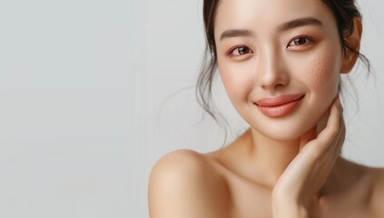 Mid-20s Korean woman, flawless skin, pink lipstick, white backdrop.