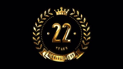 22nd Anniversary Celebration. Happy 22 Years Anniversary Animation in Gold Color on the Transparent Background, Alpha Channel. Great for greetings, celebrations, events, and gifts.