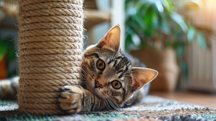 Cat playing with scratching post