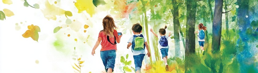 Obraz premium Exploring Nature with Augmented Reality: Engaging Outdoor Science Lesson for Kids, Educational Watercolor Experience