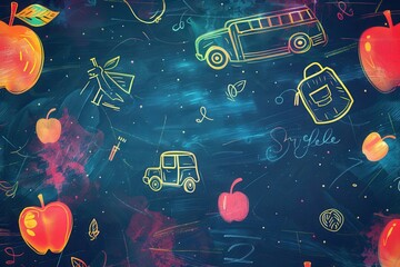 A vibrant chalkboard displays colorful brush strokes alongside detailed drawings of classroom items like globes, pencils, rulers, and lightbulbs. Generative AI