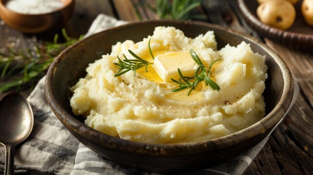 Bowl of mashed potatoes with butter and butter pat