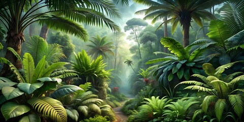 Fototapeta premium Lush Green Tropical Jungle Landscape with Path and Fog - High-Resolution Background for