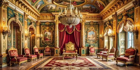 Obraz premium Ornate Gold and Red Throne Room Interior with Chandelier and Paintings