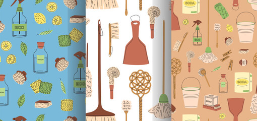Seamless patterns collections of eco-friendly cleaning products. Organic natural ecological cleaners, soap, brushes. Green housework stuff, clean home supplies. Flat graphic vector illustration