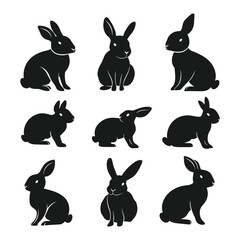 Set of nine black rabbit silhouettes in different poses.