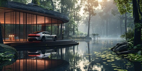 Minimalist Car Parked by Modern House