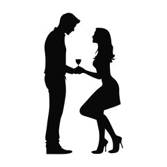 Silhouette of a couple holding a glass of wine. Romantic concept.