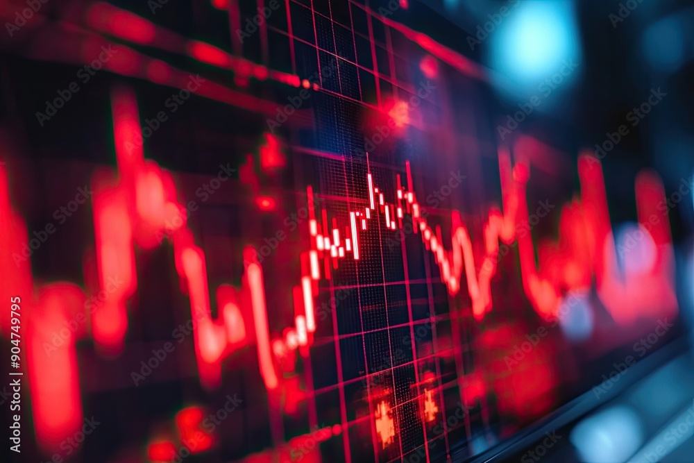 Poster red line graph on a dark screen with grid lines and bokeh lights
