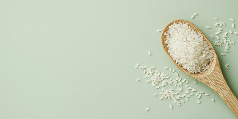 A wooden spoon filled with white rice, generative AI