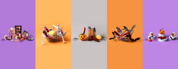 Set of different cosmetics and Halloween decorations on color background