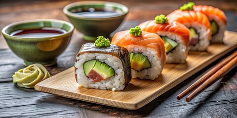 Delicious Salmon Sushi Rolls with Soy Sauce and Chopsticks on a Wooden Board