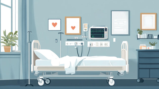 A hospital room with a bed, a plant, and a picture of a heart. The room is clean and well-lit, with a sense of calmness and hope
