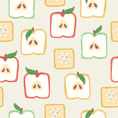 Colorful seamless pattern with hand drawn square fruits. Trendy summer textile design. Creative fruity ornament for fabric wrapping paper stationary and other endless fill. Modern and fresh aesthetic.