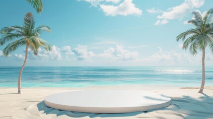 Fototapeta premium Imagine a stunning beach scene where a pristine podium stands elegantly amidst swaying palm trees, complemented by the shimmering turquoise waters and gracefully fluffy clouds on a bright sunny day