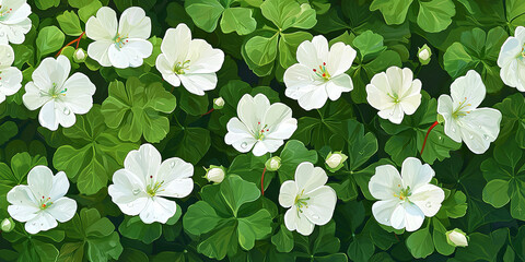 Close up of white geranium flowers and green leaves, generative AI