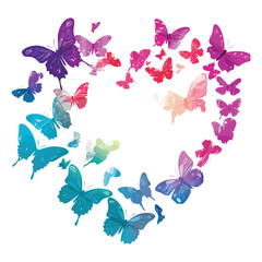 Colorful butterflies arranged in a heart shape, isolated on white background.