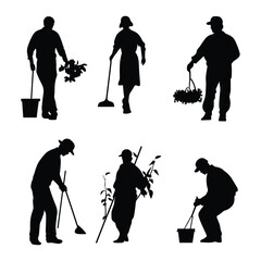 Silhouettes of six people cleaning and gardening. 