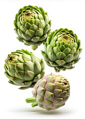 Artichokes flying white background, Clipping path