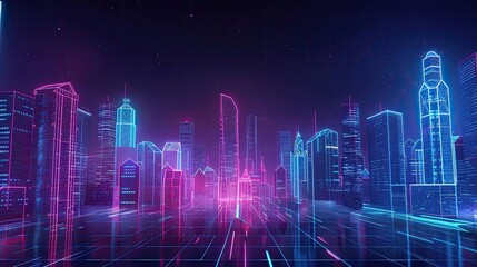 Fototapeta premium Futuristic Neon Cityscape with Skyscrapers and Glowing Lines