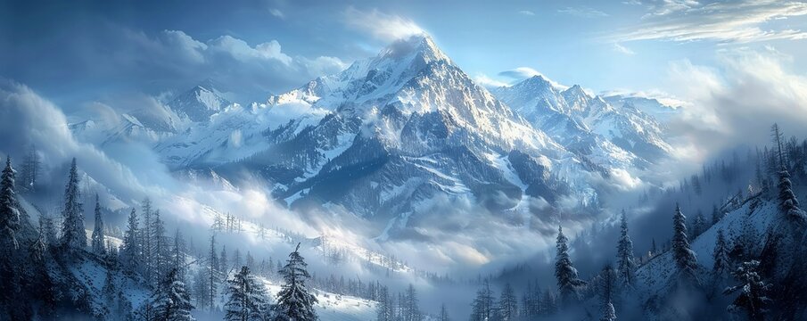 Capture the majestic grandeur of a snow-covered mountain peak piercing through the clouds, framed by towering pine trees, evoking a sense of awe and tranquility in a winter biome