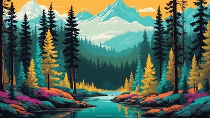 boreal forest with pine trees modern pop art