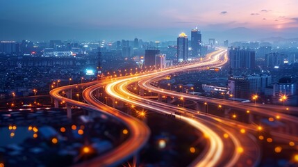 Obraz premium A city at night with a long highway with many lights
