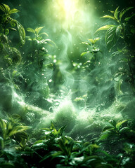 Fototapeta premium A lush green forest with a lot of smoke and steam coming out of it. The smoke and steam create a mystical and ethereal atmosphere
