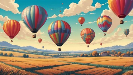 Fototapeta premium hot air balloons over fields modern pop art