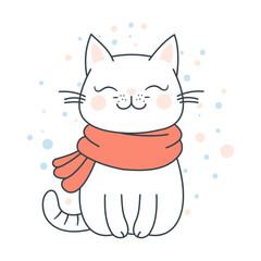 Cute Adorable White Cat Cartoon Character Wearing Scarf with Smiling Expression