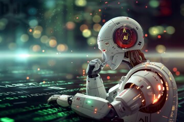 Fototapeta premium Robotic arm immersed in data analysis on digital interface highlights AI's role in futuristic automation.