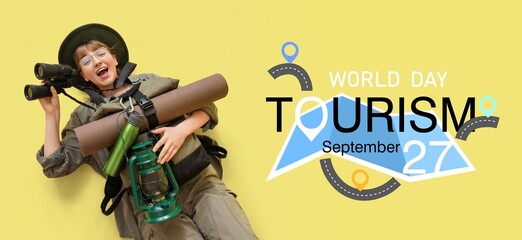 Banner for World Tourism Day with happy female tourist