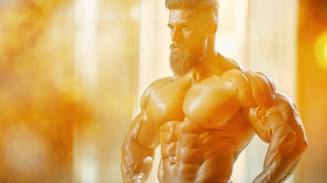 A competitor in bodybuilding posing and flexing their muscles