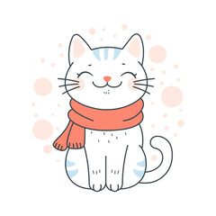 Cute Adorable White Cat Cartoon Character Wearing Scarf with Smiling Expression