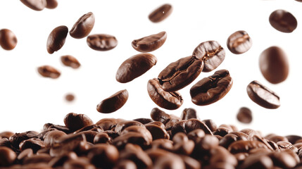 A concept for the coffee business. Coffee beans. Coffee splashes. Coffee plantations. A cup of coffee. Background with an image of a cup of coffee and coffee beans.