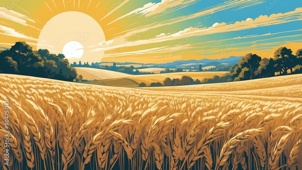 Wall mural sunlit wheat field modern pop art