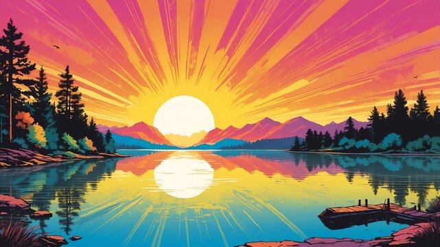 sunrise over a lake pop art modern pop art