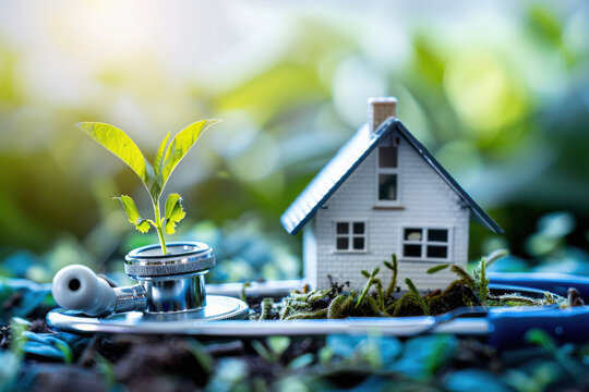 stethoscope in the ground for banner with a miniature house on the side