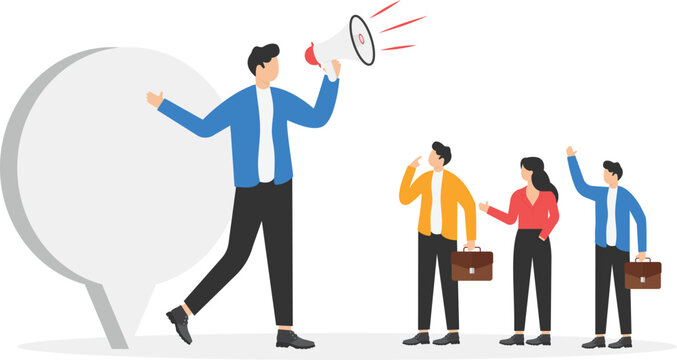 isometric vector image on a blue background, a man in business clothes with a loudspeaker and people who came to the call, attracting buyers and subscribers

