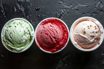 Obraz premium Three different types of ice cream in plastic cups