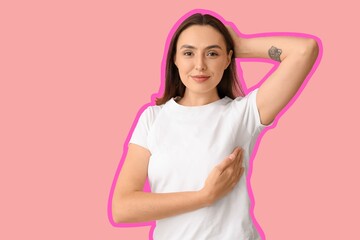 Fototapeta premium Young woman checking her breast on pink background. Cancer awareness concept