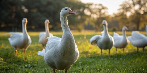 Obraz premium Group of white geese standing in field
