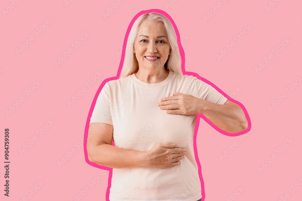 Poster mature woman checking her breast on pink background. cancer awareness concept