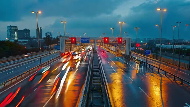 Vehicles travelling through the highway toll gate