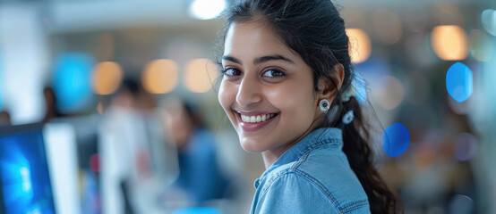 Young indian woman smiling and giving happy expression at office