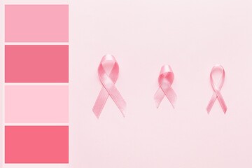 Fototapeta premium Breast cancer awareness ribbons on pink background. Different color patterns